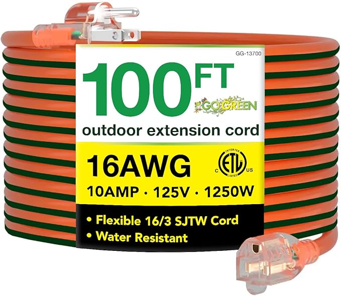 Go Green Power Inc. 16/3 100ft Outdoor Extension Cord - Heavy Duty, Lighted End, Contractor Grade SJTW Cable - Moisture & Abrasion Resistant - GG-13700