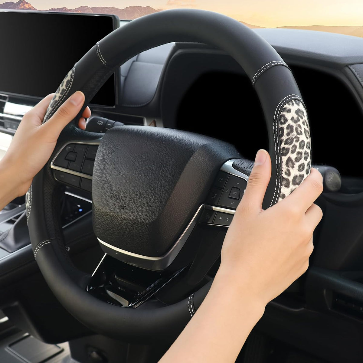 KAFEEK 15 in Leopard Steering Wheel Cover, Microfiber Leather, Black Beige