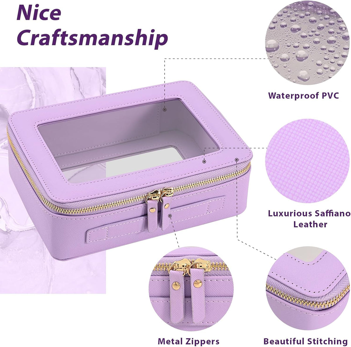 Aveniee Clear Makeup Bag Organizer,Large Travel Toiletry Bag for Women, Waterproof Cosmetic Pouch with Zippers,Car Organizers and Storage Case for Accessories,Lilac