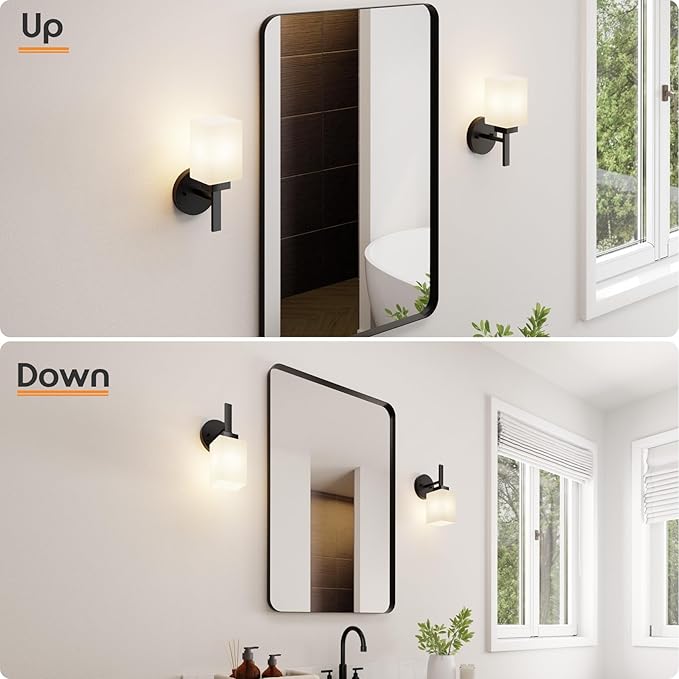Wall Light Fixture Black Vanity Lighting Over Bathroom Mirror with White Frosted Glass, Wall Lamp for Hallway Washroom Porch Entrance T002MB-L1