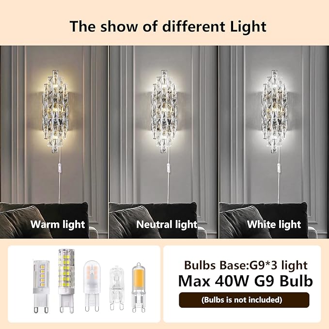 Modern Plug in Wall Sconce Crystal Wall Sconces Indoor Wall Lamp for Bedroom Chrome Light Fixture with Plug in Switch Vanity Wall Mount Lamps for Living Room Bedroom Bathroom Bedside Hallway