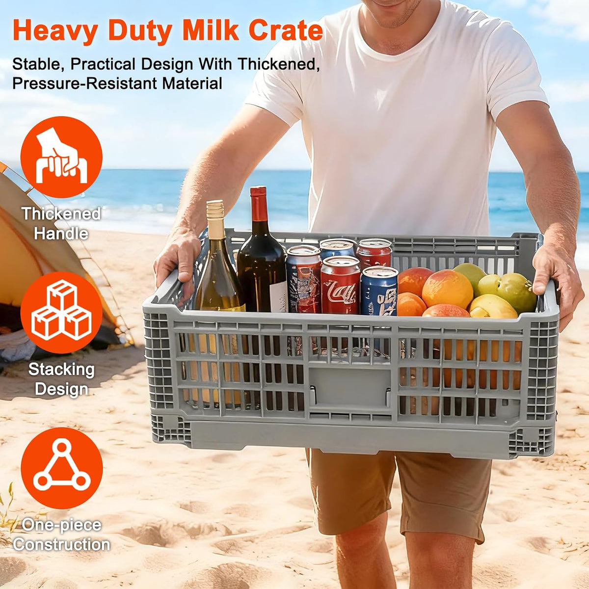 52L Collapsible Crate with Handles, Milk Crates Heavy Duty,