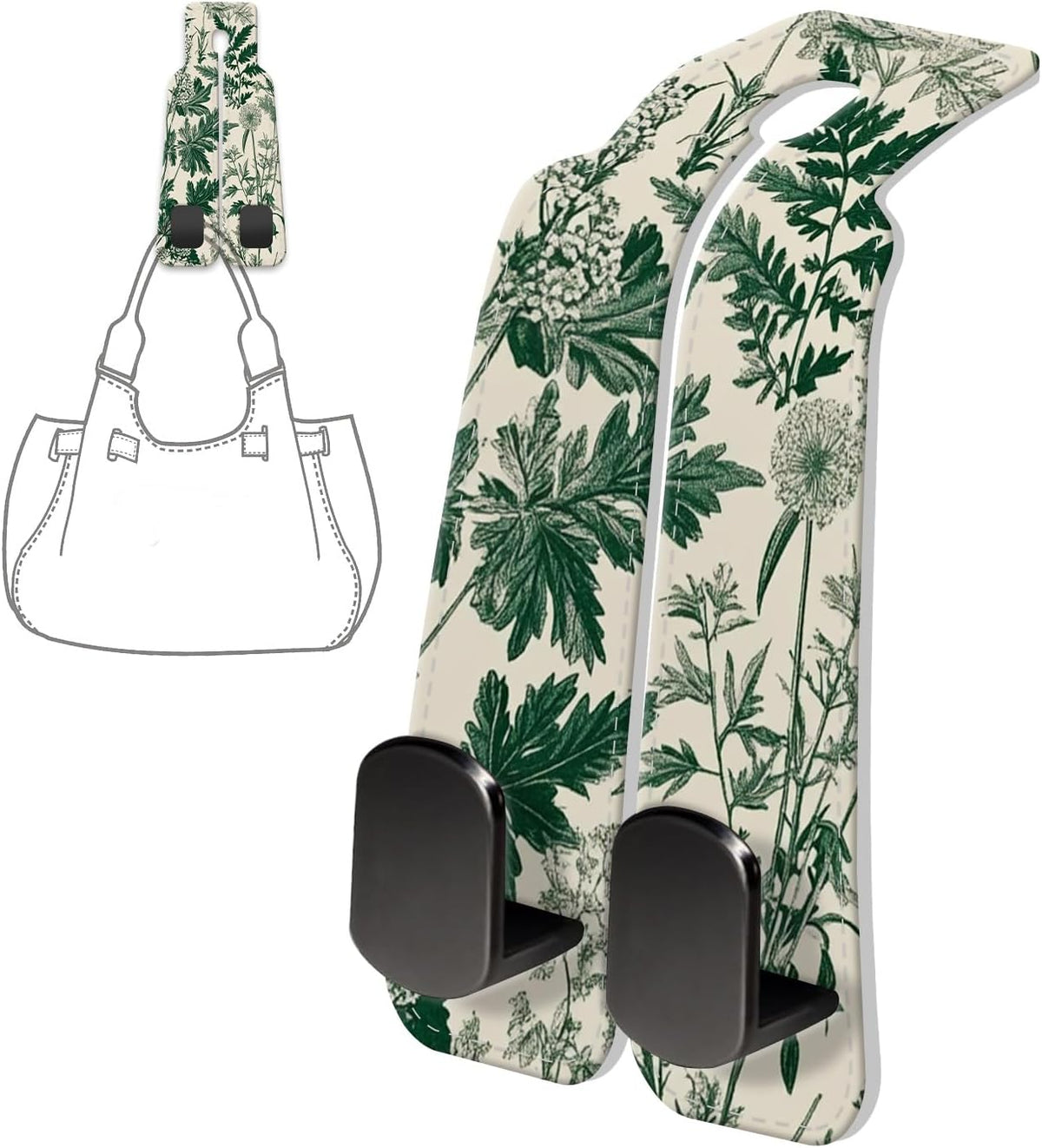 PU Leather Car Seat Hook, Storage Headrest Hanger, Cute Car Backseat Organizer, Car Hooks For Purses and Bags Green Floral