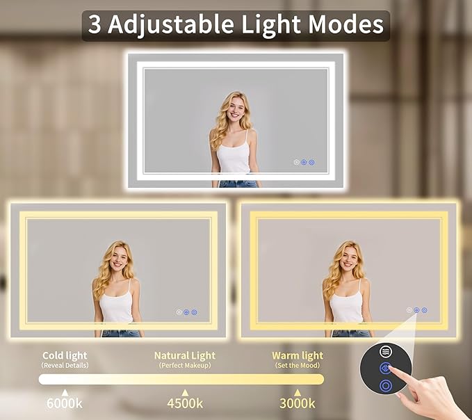 24"x48" LED Bathroom Mirror with Lights, Anti-Fog, Backlit + Front Lit, Dimmable, Led Vanity Mirror for Wall, Lighted Bathroom Mirror, 3 Colors, Shatter-Proof Tempered Glass