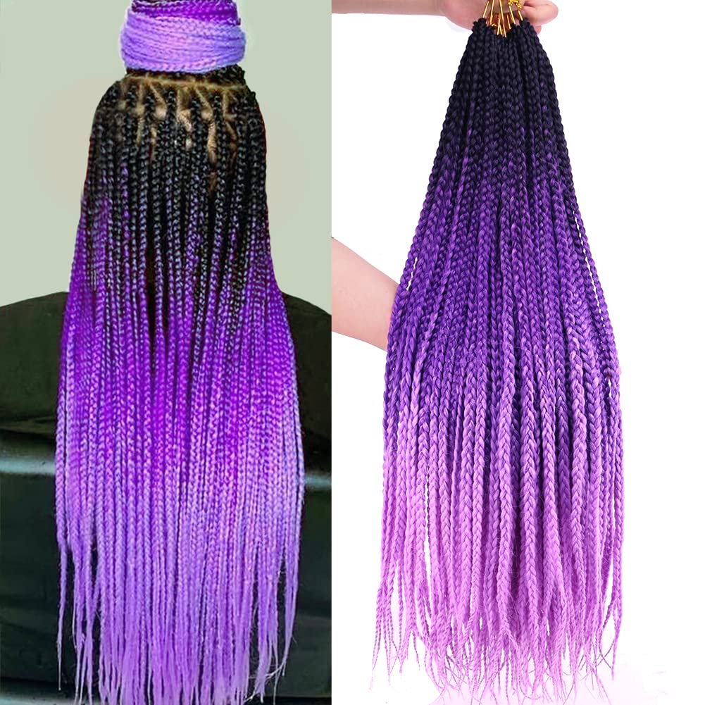 Box Braids Crochet Hair 6 Packs 24 Inch Ombre Purple Pre-Looped 3X Goddess Senegalese Twist Tissage Fiber Kanekalon Synthetic Br
