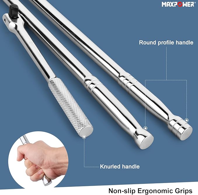 MAXPOWER 3Pcs Breaker Bar Set, Included 15 inch and 18 inch Breaker Bar with Dual Drive 1/2" and 3/8", 1/2" drive Short Bar 10"
