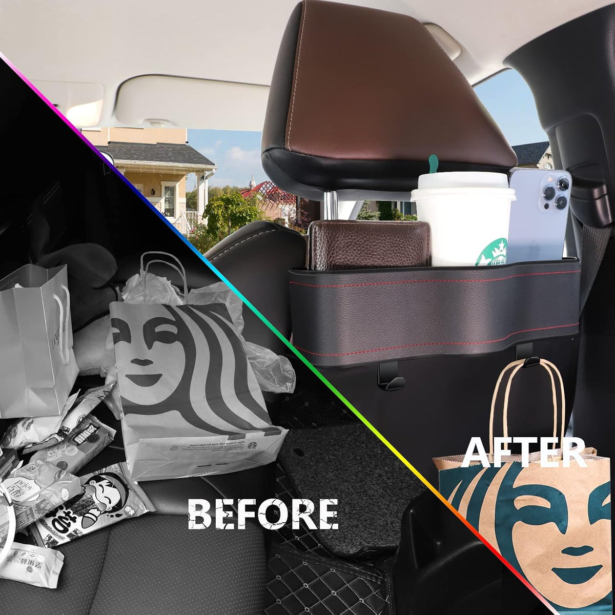 Backseat Car Organizer with Cup Holder &Headrest Hooks, Premium Leather-1PC