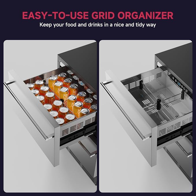 24 Inch Under Counter Drawer Fridge, Stainless Steel Beverage Refrigerator Built-In For Home & Commercial Use, Stainless Steel Silver, Outdoor Refrigerator for Soda, Beer, Wine