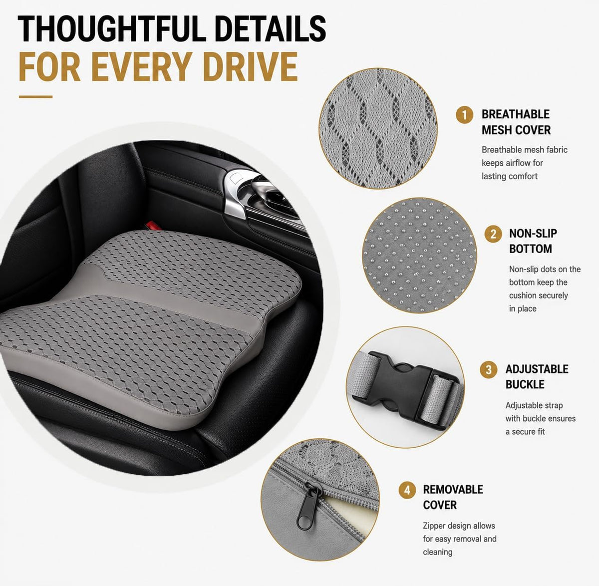 Car Seat Cushion, Ergonomic Memory Foam for Comfortable Driving