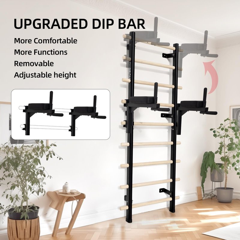 RIOWLAU Swedish Ladder Dip Bar Attachment, Fits TS003A Ladder, Wood Stall Bar for School, Physical Therapy and Gymnastics, Multi-grip (Black, 28"L x 6"W x 20"H)