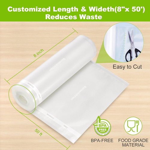 Bonsenkitchen Vacuum Sealer Bags - Heavy Duty 8" x 50' Rolls, BPA-Free for Food Storage & Sous Vide Cooking