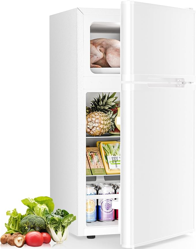 Antarctic Star Compact Mini Fridge with Freezer,Double Door with Adjustable Thermostat,Small Fridge Removable Shelves for Dorm/Office,2.5 Cu.Ft,WHITE