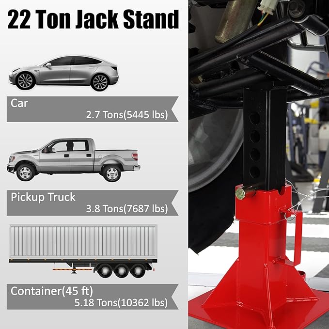 Heavy Duty Car Jack Stand, Pin Type Adjustable Height Automotive Jack Stands with Lock, 22 Ton (44,000 lb) Capacity, Red, 1 Pair