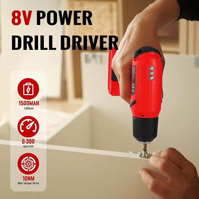 TLGREEN 101 Pcs 8V Cordless Drill and Tool Set, USB-C Rechargeable Power Tool Kit with Brushless Motor & Fast Charge, Lightweight Home Tool Kit for DIY, Repair, and Maintenance with Storage Case（Red)