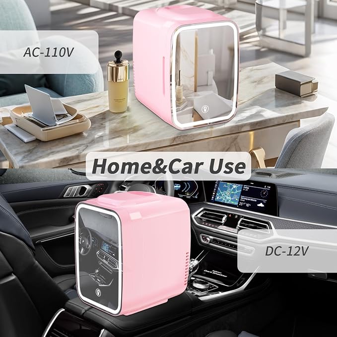OSTBA Skincare Fridge Mini Fridge for Bedroom with Dimmable LED Mirror, 4Liter/6 Cans Cooler and Warmer for Makeup, Cosmetic, Beauty, Portable Refrigerator for Bedroom, Vanity, Office and Car