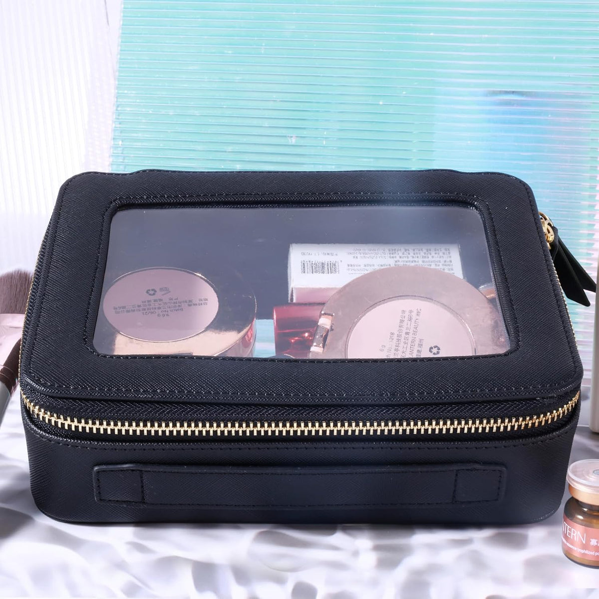 SANHECUN Toiletry bag waterproof cosmetic organizer with handle lagre opening for travelling car organizers(Black)