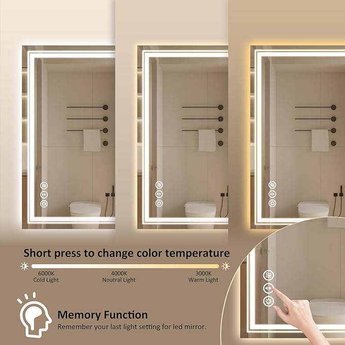 WTTY LED Bathroom Mirror 32x24 Inch, Front Light and Backlit LED Mirror for Bathroom, Lighted Vanity Mirror for Wall, Stepless Dimmable, Anti-Fog, Shatter-Proof, Memory, Double LED Vanity Mirror