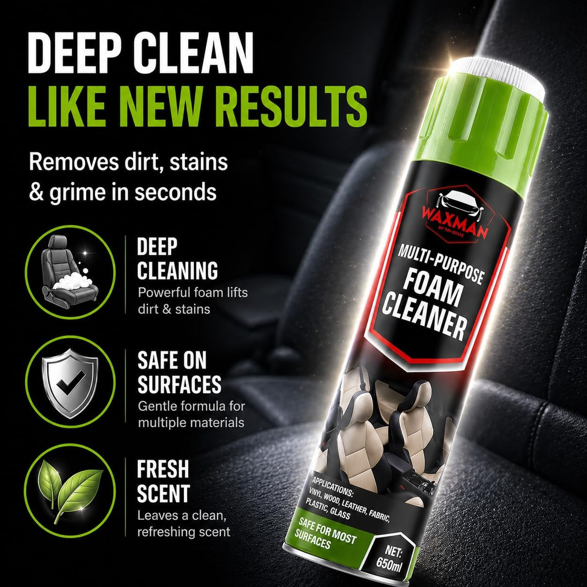 Car Interior Foam Cleaner with Soft Brush Cap – Multi-Purpose Deep Cleaning Foam Spray for Leather, Vinyl, Fabric, Plastic – Safe Non-Drip Formula, Fresh Scent, 22 oz