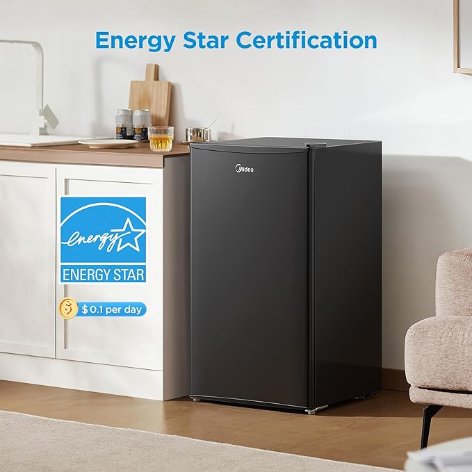 Midea 3.3 Cu.ft Compact Fridge, Energy Star Certified, Low Noise for Office | Adjustable Thermostat, Reversible Door,Ideal for Dorm, Office, Black