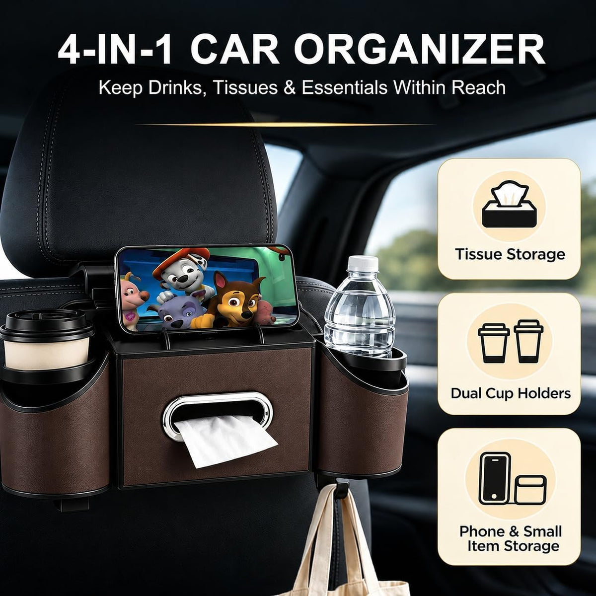 Back Seat Car Organizer, 2 Cup Holders, Tissue Holder, Phone Stand & Hooks