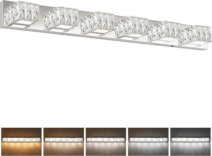 ZUZITO 6 Lights Bathroom Vanity Light - LED Bathroom Lights Over Mirror 5CCT Dimmable - Modern Crystal Chrome Vanity Wall Light