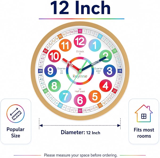Roymnie Wall Clock Battery Operated 12 Inch Silent Non Ticking Teaching Clock