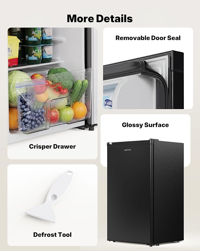 Upstreman 3.2 Cu.Ft Mini Fridge with Freezer, Black-BR321 | Adjustable Thermostat, Energy Saving, Low Noise, Reversible Door, Small Refrigerator for Dorm, Bedroom, Office