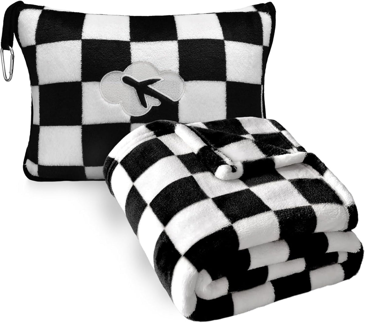 Travel Blanket and Pillow Compact, Premium Soft 2 in 1 Airplane Blanket with Soft Bag Pillowcase，Hand Luggage Sleeve and Backpack Clip (Checkered Black)