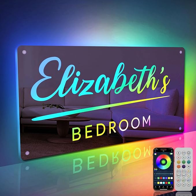 Personalized Name Mirror LED Light with Remote, RGB Custom Name Light Up Signs for Bedroom, Color Changing LED Mirror Name Signs Party Music Sync, Neon Sign Customizable Smart APP Control