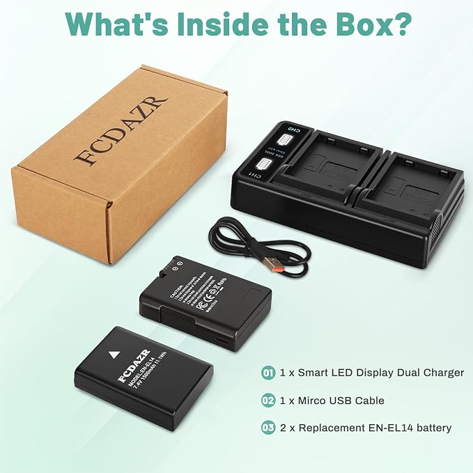 EN-EL14 EN-EL14a Battery and Dual LED Charger Compatible