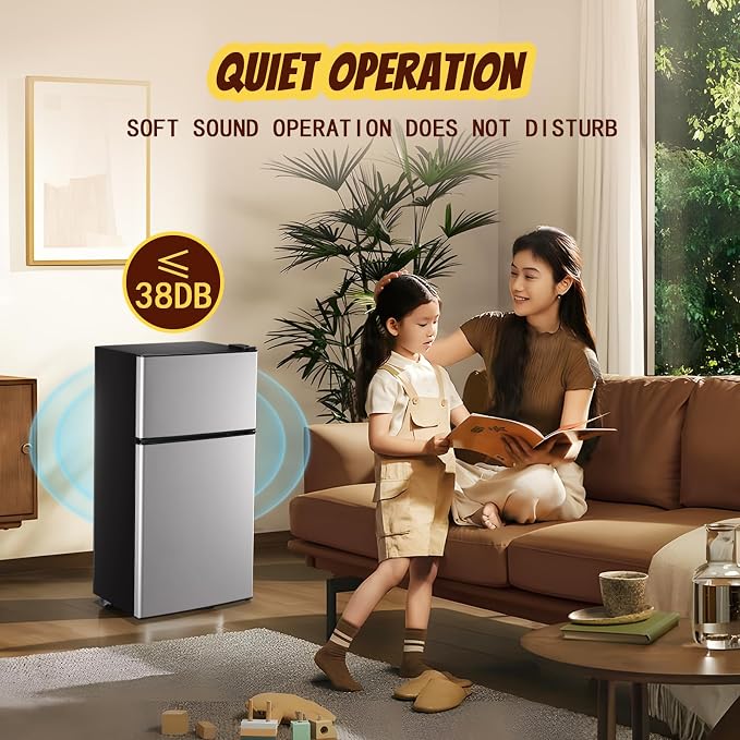 Mini Fridge 2.4 Cu.ft Mini Refrigerator with Freezer Dual Door Dorm Fridge for Personal Senven Temp Gear Suit for Apartment, Bedroom, Rv Silver