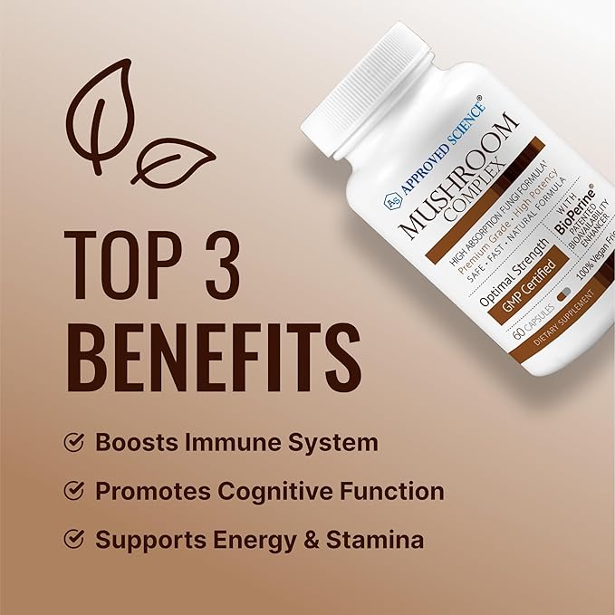 Approved Science Mushroom Complex - Support The Immune System and Cognitive Function - with Lion’s Mane, Chaga, Reishi, Turkey Tail, Shiitake, Oyster, and More - 6 Month Supply - Vegan
