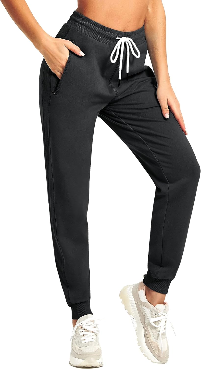 PULI Women's Cotton Jogger Sweatpants - Comfortable Lounge Pants with Zipper Pocket