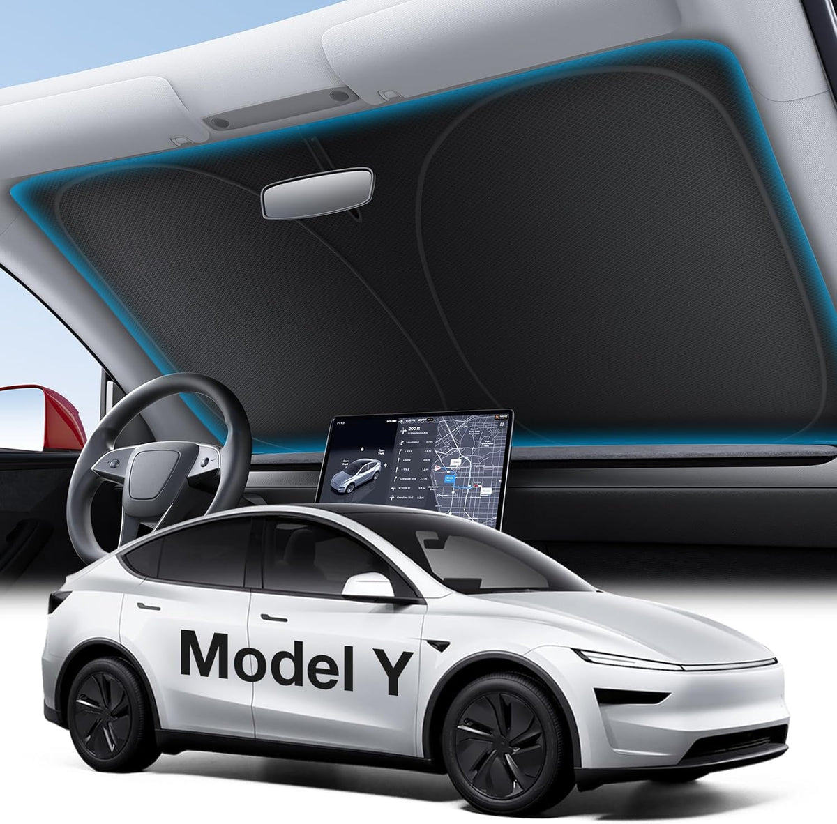 Wigoo Tesla New Model Y Accessories Windshield Sunshade [OEM Design, 100% Sun Blockage] Foldable Heat Insulation Sunshade with Storage Bag, for Model Y 2020~2026 (Juniper), Silver Coating