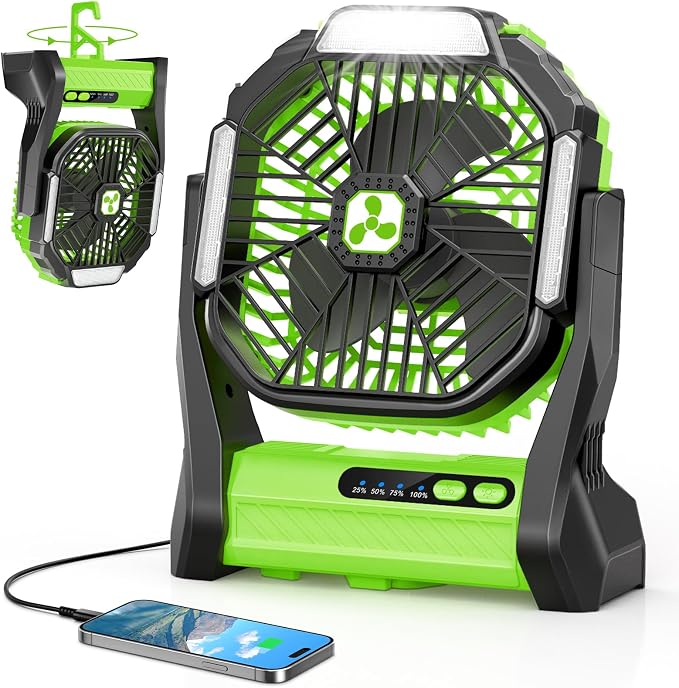 Portable Rechargeable Fan, 20000mAh Cordless Battery Powered Camping Tent Fans with SOS & LED Lantern, Small USB C Operated Outdoor Ventilador for Travel Camp Fishing Bedroom Power Outage Emergency