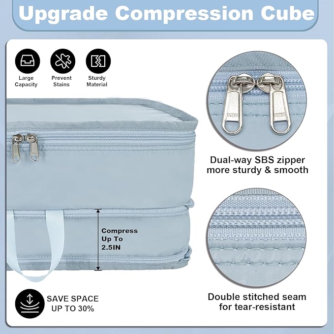 2 Set Compression Packing Cubes for Travel, Expandable Luggage Organizers Bag, Large Compression Cubes for Packing, Travel Accessories for Suitcase Organizer Bags Set (Light Blue)