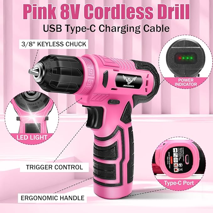 JENABOM Tool Set - 8V Cordless Drill Set, 127 Piece Home Tool Set With Hand Drill, Tool Kit for Women & Men, Perfect for Homeowner, Diyer, Handyman, Pink