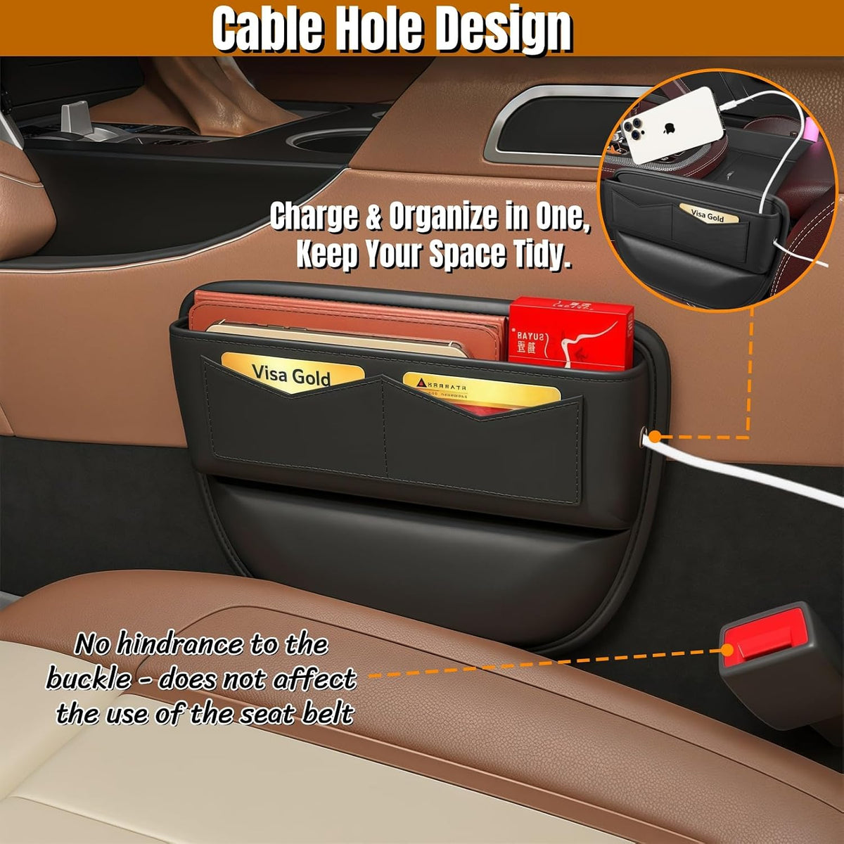 BLIRITEL Car Seat Gap Filler Organizer with Charging Hole, PU Leather Car Seat Gap Plug with Storage Slot, Car Console Side Organizer for Phone, Keys & Cards (Black-2 Pack)