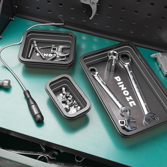Collapsible Magnetic Parts Organizer Trays & 12" Flexible Magnetic Pickup Tool, 3 Different Size Magnet Tool Trays & Pick-Up Sweeper for Screw, Bolts, Nuts, Washers, Pins and Metal Parts, Black