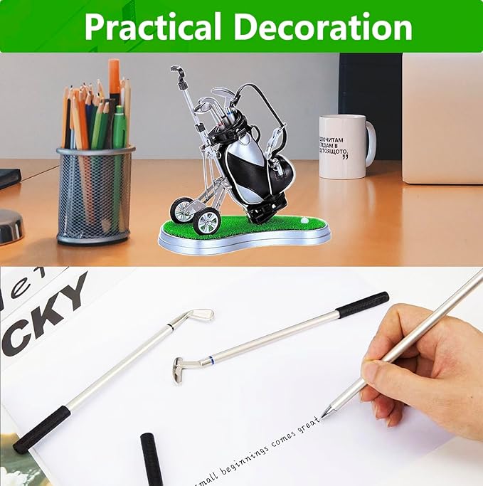 Golf Pen Holder with 3 Club Pens and Movable Golf Cart, Mini Golf Bag Desk Decor for Office, Funny Golf Gifts for Men, Dad, Boss - Stocking Stuffers for Golfers on Birthday, Christmas, Fathers Day