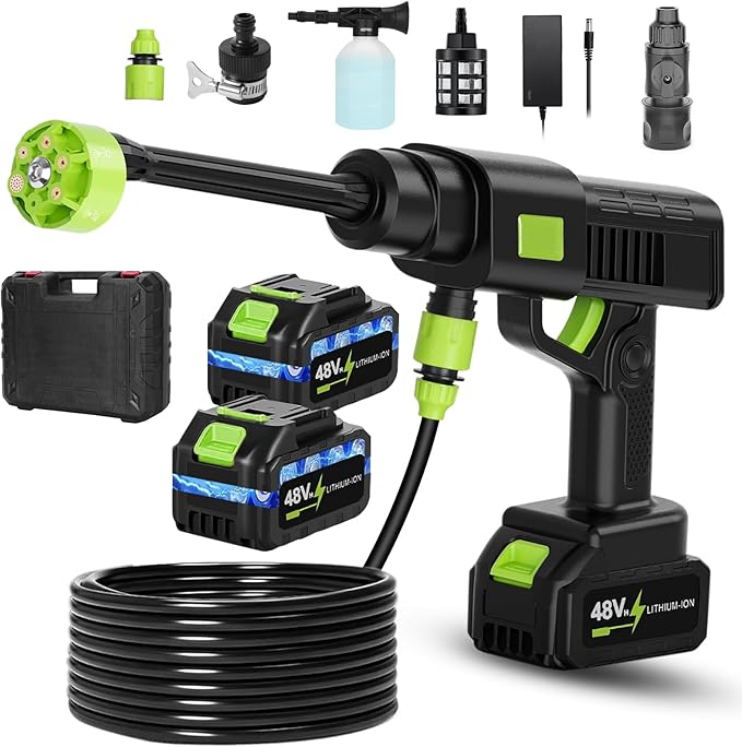 Portable Cordless Pressure Washer, 2 Battery Powered Power Washer with 6-in-1 Nozzle, 10 Adjustable Levels Portable Pressure Washer, 33FT Hose Handheld Car Washer for Patio, Floor, Garden