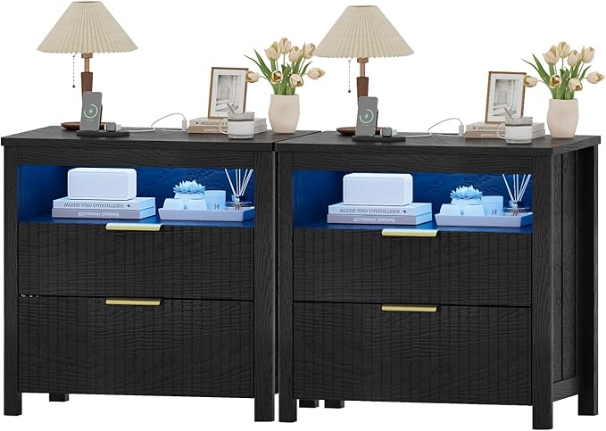 HNEBC Set of 2 Smart Farmhouse Nightstands with Gun Safe Drawers, 3-Color Auto LED Lights, Built-in Charging Station & Hidden Compartment, Bedroom Bedside Tables Rustic Brown (91111A-2-Black)