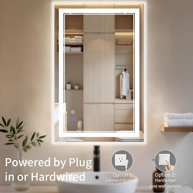 26"x38" Bathroom Mirror with Lights, Anti-Fog, Backlit + Front Lit, Dimmable, Led Vanity Mirror for Wall, Lighted Bathroom Mirror, 3 Colors, Shatter-Proof Tempered Glass