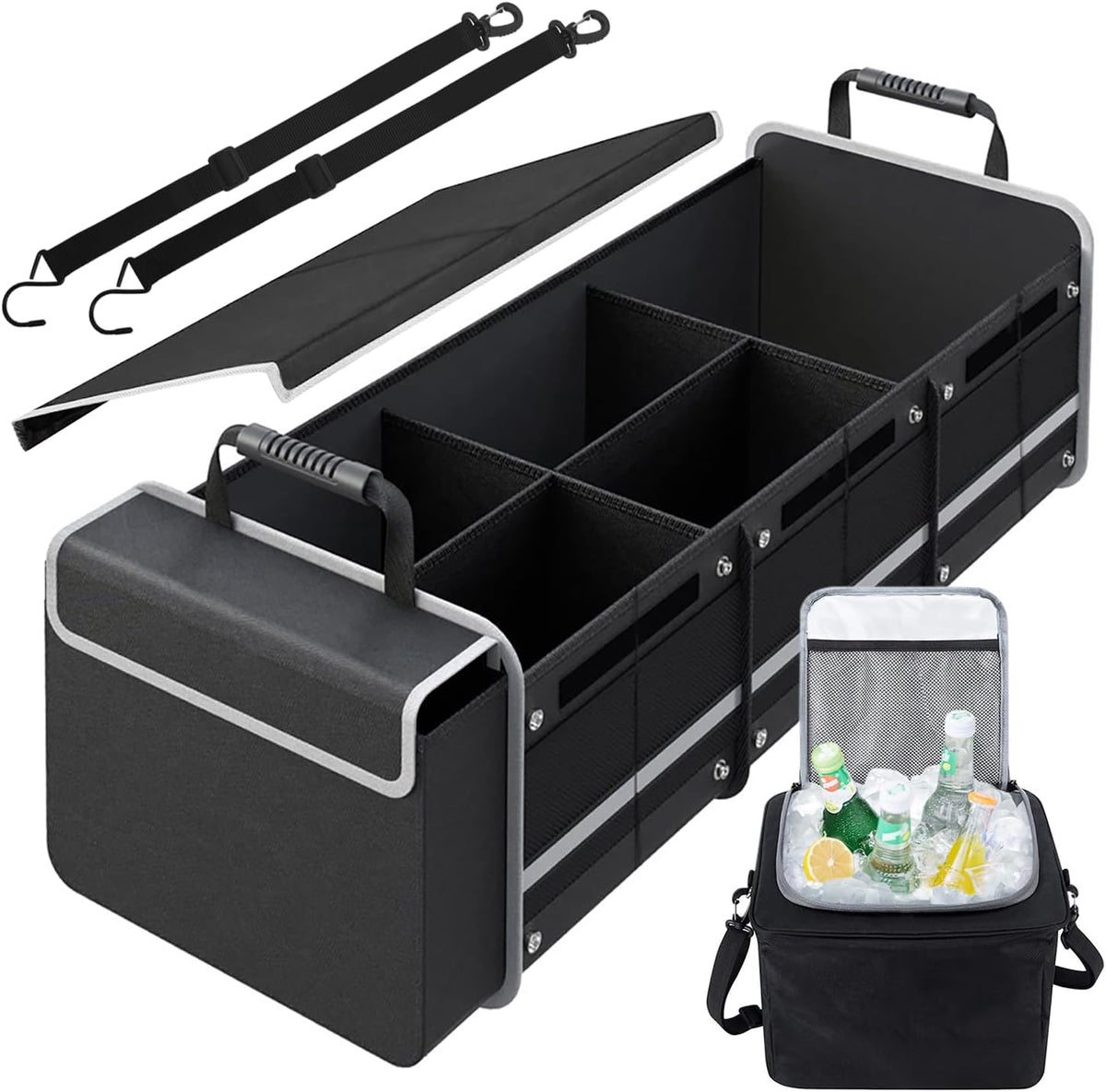 Snuopfy Car Trunk Organizer,115L Heavy Duty Collapsible Trunk Storage, with Insulated Leakproof Cooler Bag Vehicle Cargo Organizer with Lid, 3 Compartments, Straps For Car,Suv,Jeep,Sedan-Grey