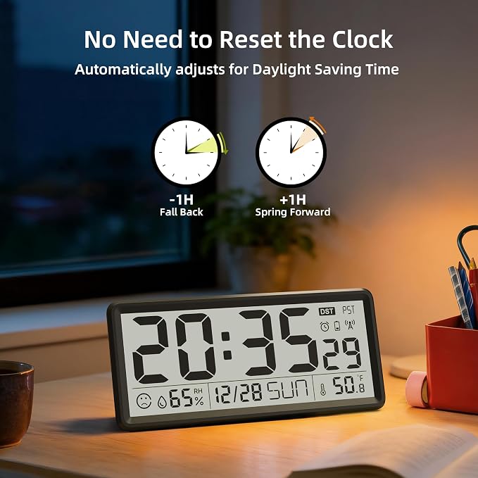 EASYERA 15'' Large Digital Wall Clock Battery Operated, Atomic Clock