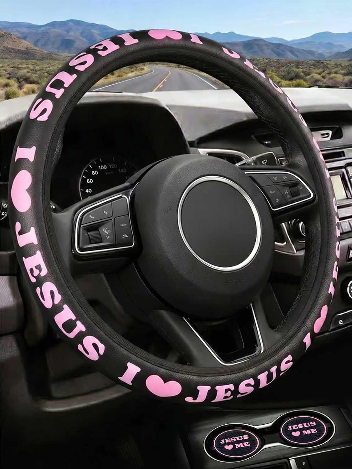 Christian Trust in God Car Steering Wheel Cover with 2 Pack Coasters for Women, PU Leather Pink Car Accessories, Religious Gifts, Universal 14.5-15.5" Fit for Cars, SUVs, Trucks