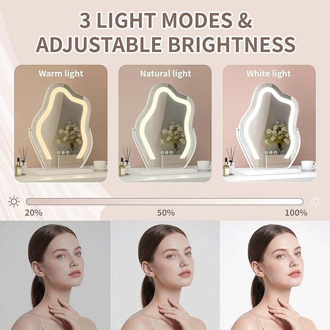 Makeup Mirror with Lights - 17″ Cloud Shaped Smart Touch 3-Color Dimmable 360° Rotation Memory Metal Frame Plug-in AC Power Tabletop Vanity Mirror Gift for Women Teen Girls White