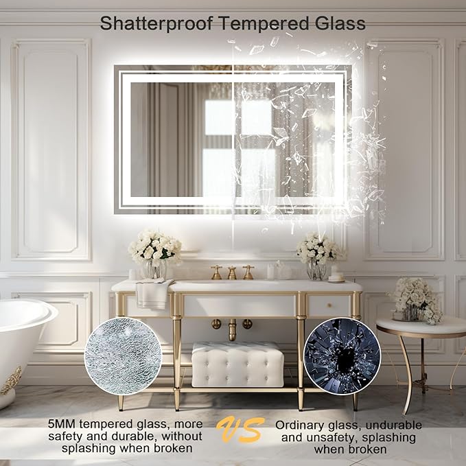 WTTY LED Bathroom Mirror with Backlit and Front Light,40"x24",Stepless Dimmable LED Mirror for Bathroom,Anti-Fog Lighted Bathroom Vanity Mirror Modern for Wall,Memory Function,Shatter-Proof