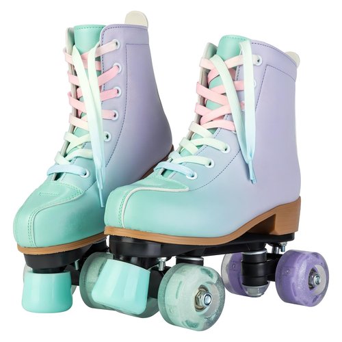 MEIGLQEA Roller Skates for Girls and Women, PU Leather Gradient Green Purple Roller Skates with Flash Wheels, Indoor Outdoor Roller Skates for Youth Beginner Girls Ages 8-12 (32-Youth 1)
