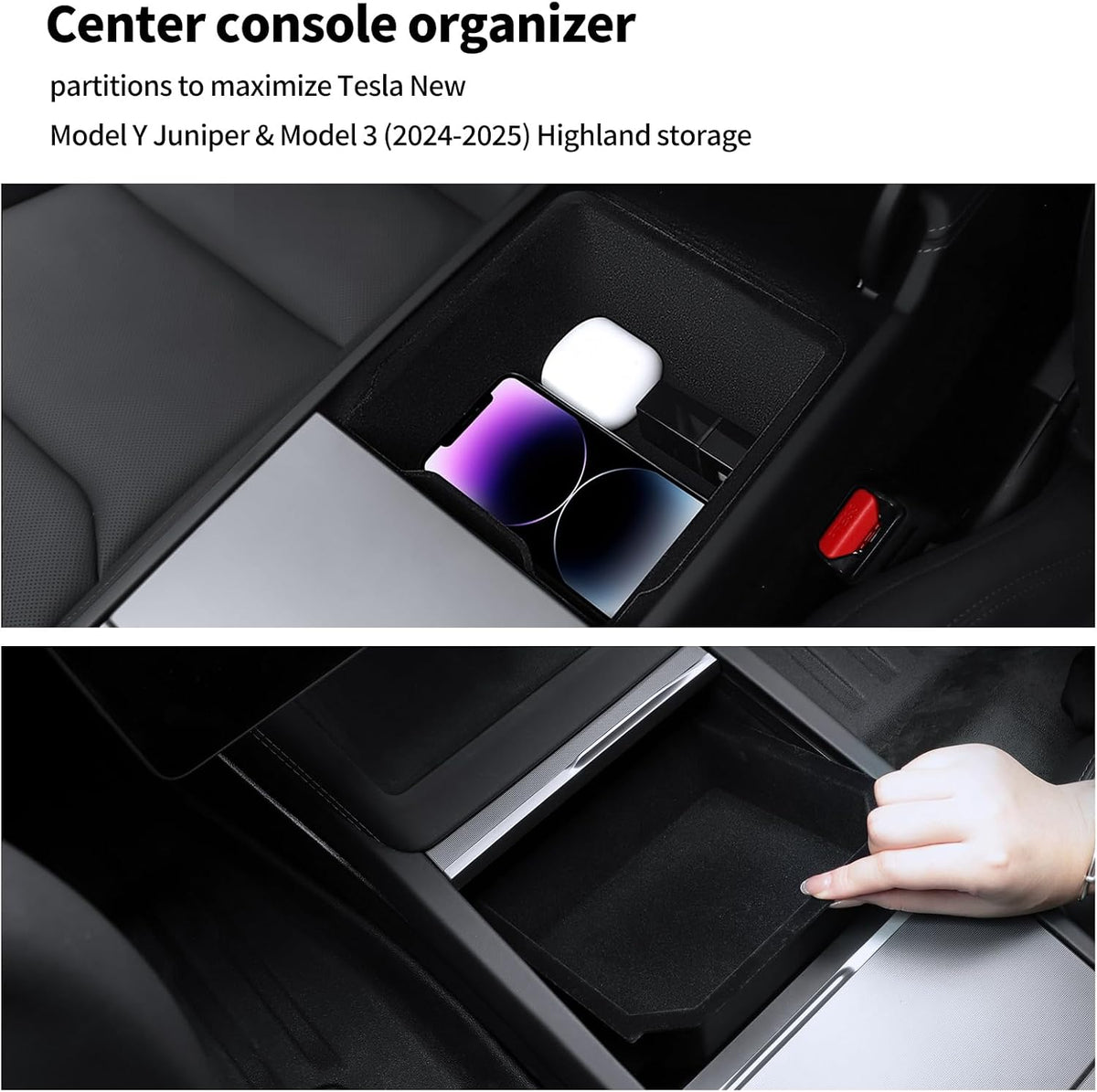 9Pcs Set Center Console Organizer Tray for Tesla Model Y Juniper 2025 2026, Under Seat Storage Box with Lid, Black, 2-Piece Set